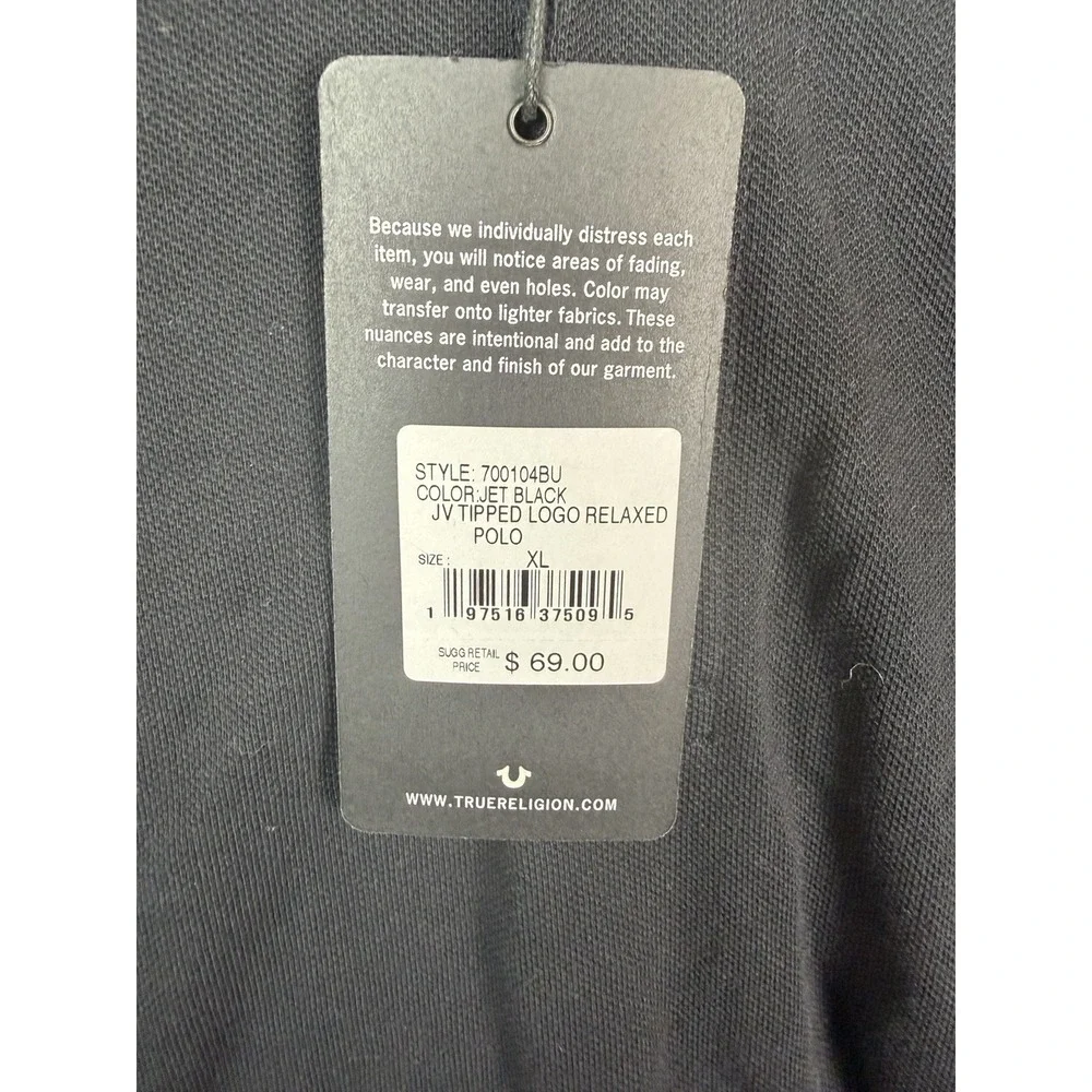 True Religion Polo Shirt Men's XL Rugby Short Sleeve Tipped Logo Graphic‎ Black